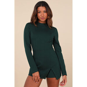 Lulus Undeniably Stylish Emerald Backless Long Sleeve Skort Romper Green